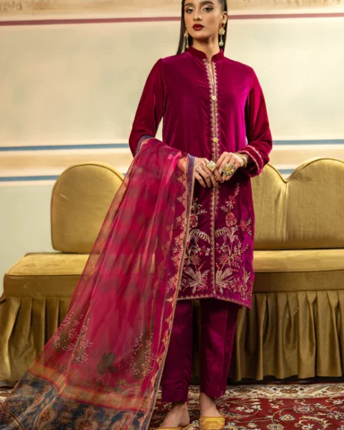 3 Pc Unstitched Dyed Velvet Suit | MB-USW24-606